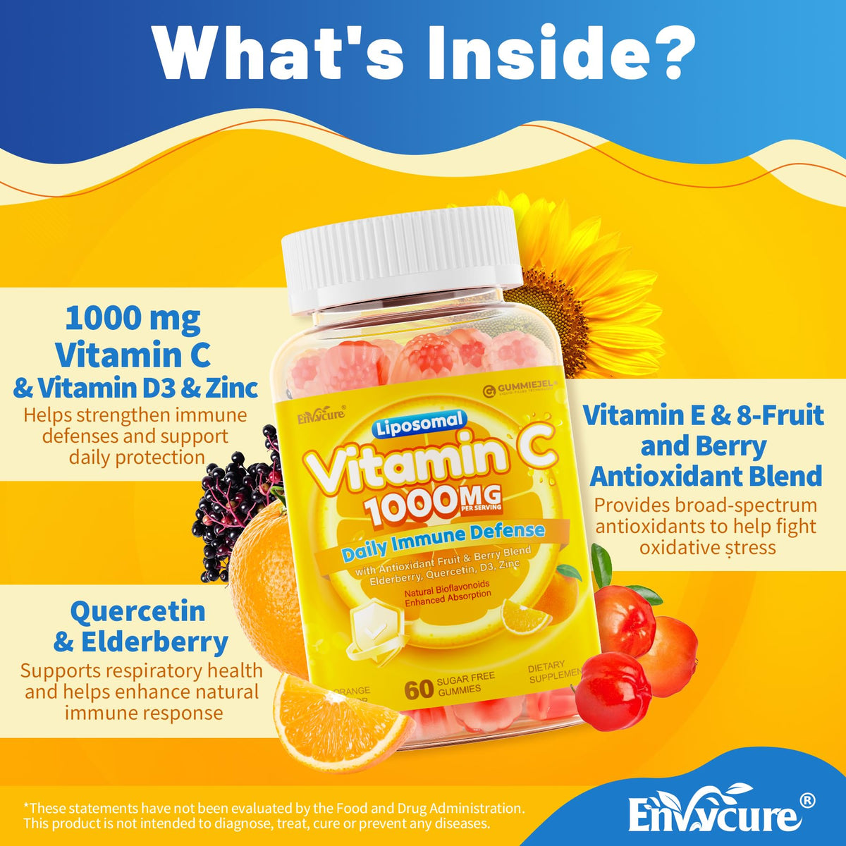Gummies de Vitamine C EnvyCure avec fruits en arrière-plan