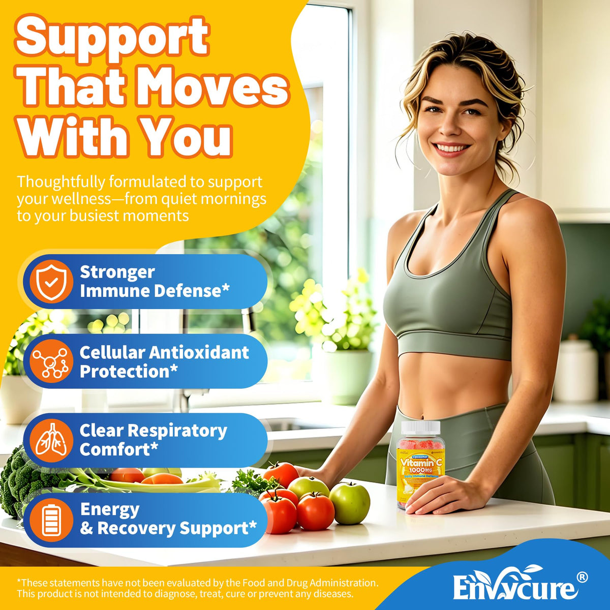 Gummies de Vitamine C EnvyCure sur une table, présentation