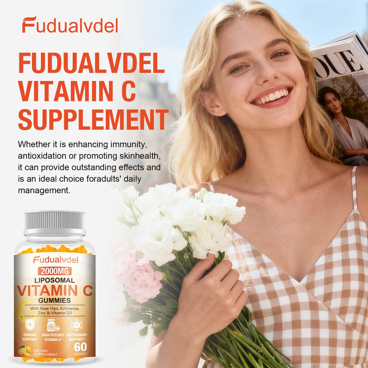 Gummies de vitamine C Fudualvdel, mise en scène sur une table en bois
