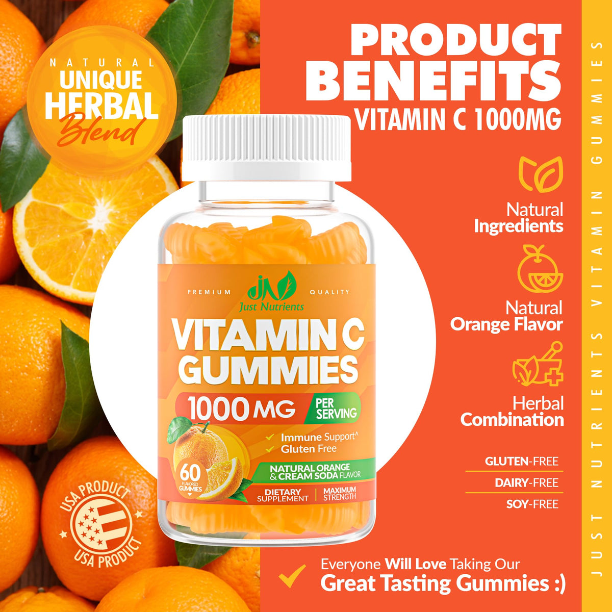 Gummies de vitamine C Just Nutrients avec des fruits frais en arrière-plan