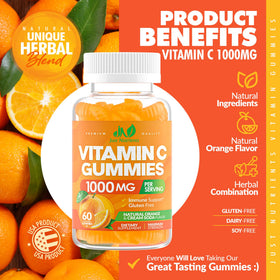 Gummies de vitamine C Just Nutrients avec des fruits frais en arrière-plan