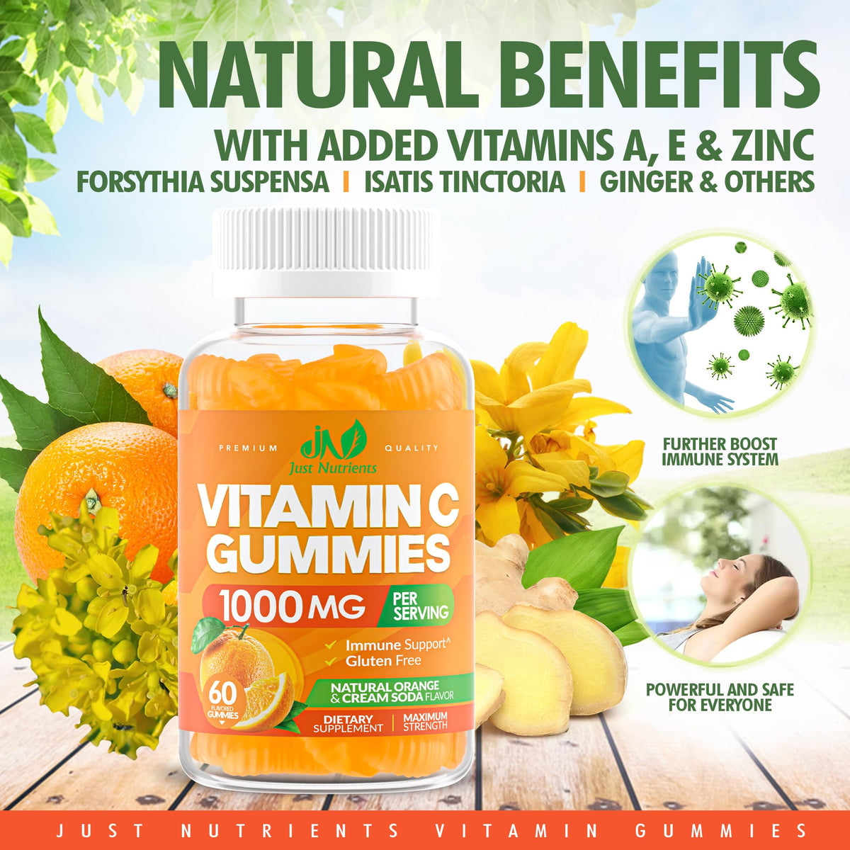 Gummies de vitamine C Just Nutrients, bouteille ouverte avec gummies visibles