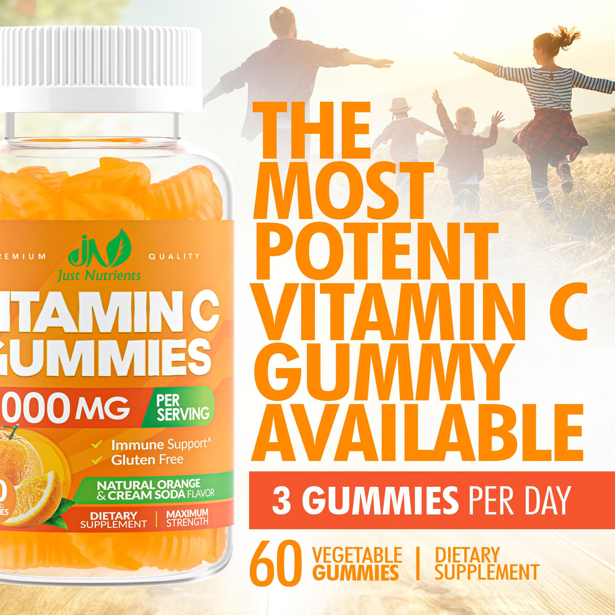 Gummies de vitamine C Just Nutrients, ingrédients naturels en arrière-plan
