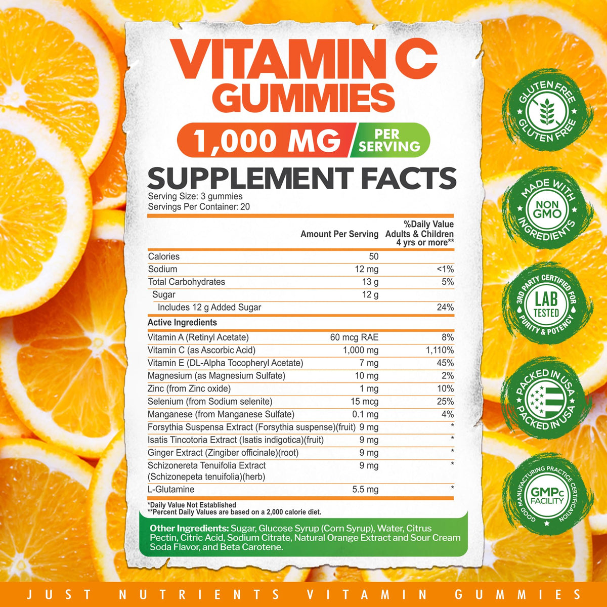 Gummies de vitamine C Just Nutrients sur une table, avec une portion visible