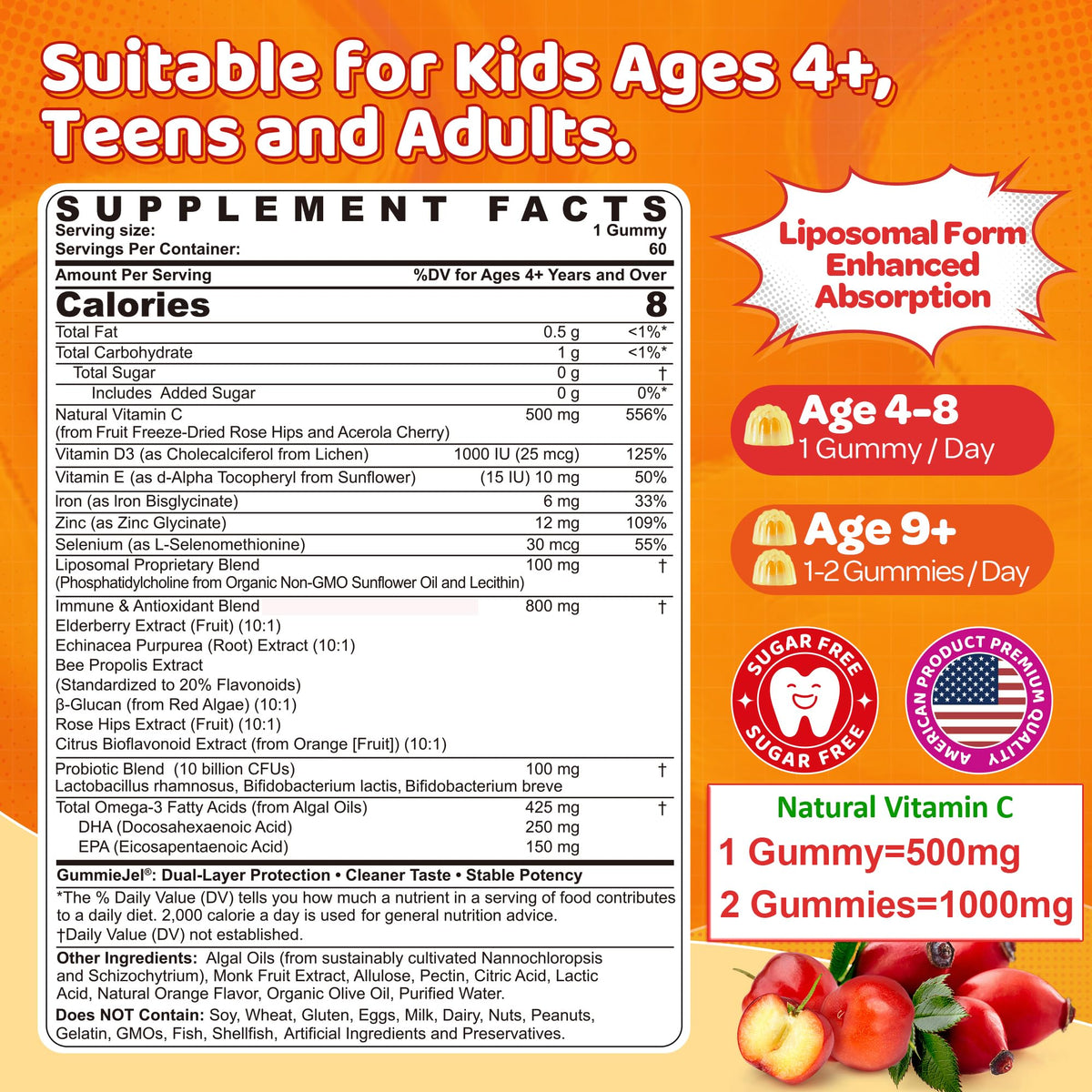 Gummies de vitamine C LILICARE 500mg avec étiquette détaillant les ingrédients