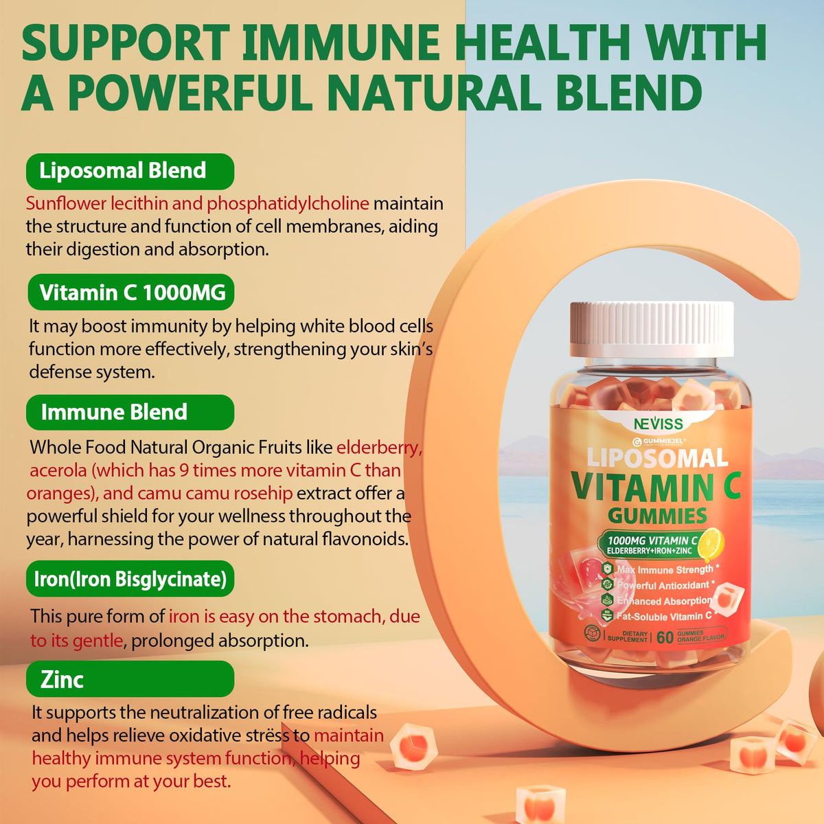 Gummies de Vitamine C Liposomale NEVISS sur une table