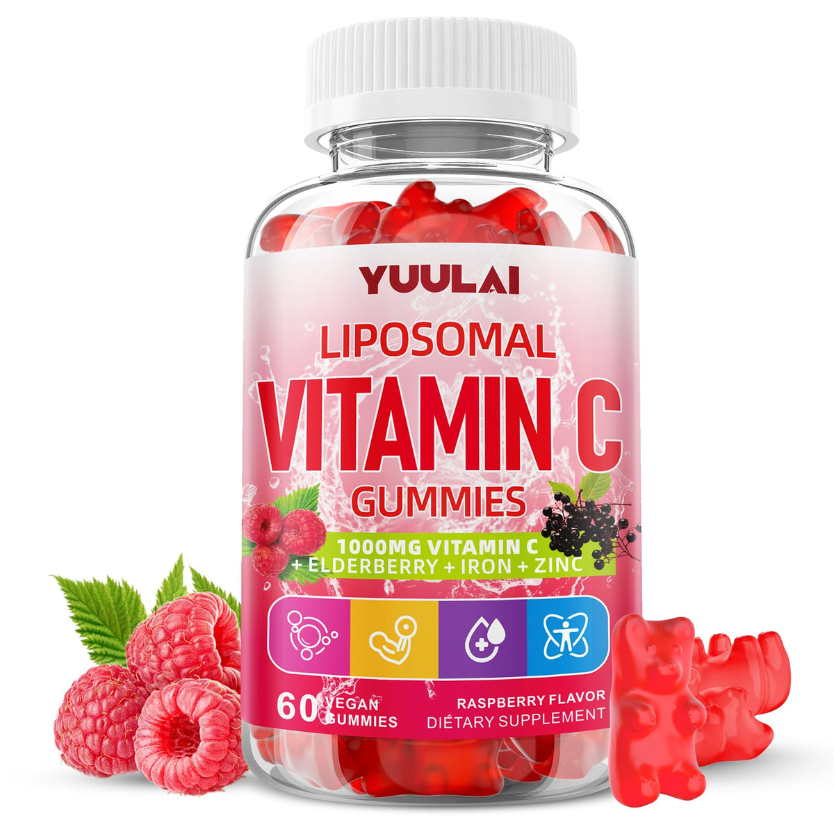 Gummies de vitamine C liposomale YUULAI 1000mg saveur framboise, boîte avant