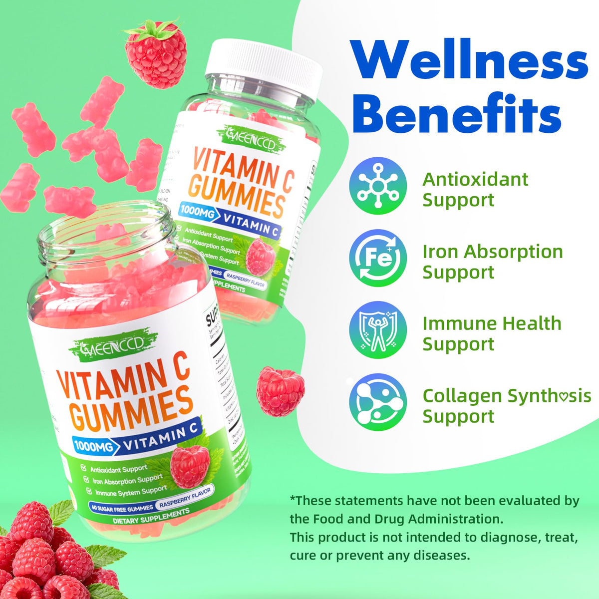 Gummies de vitamine C MEENCCD sur une table avec des framboises