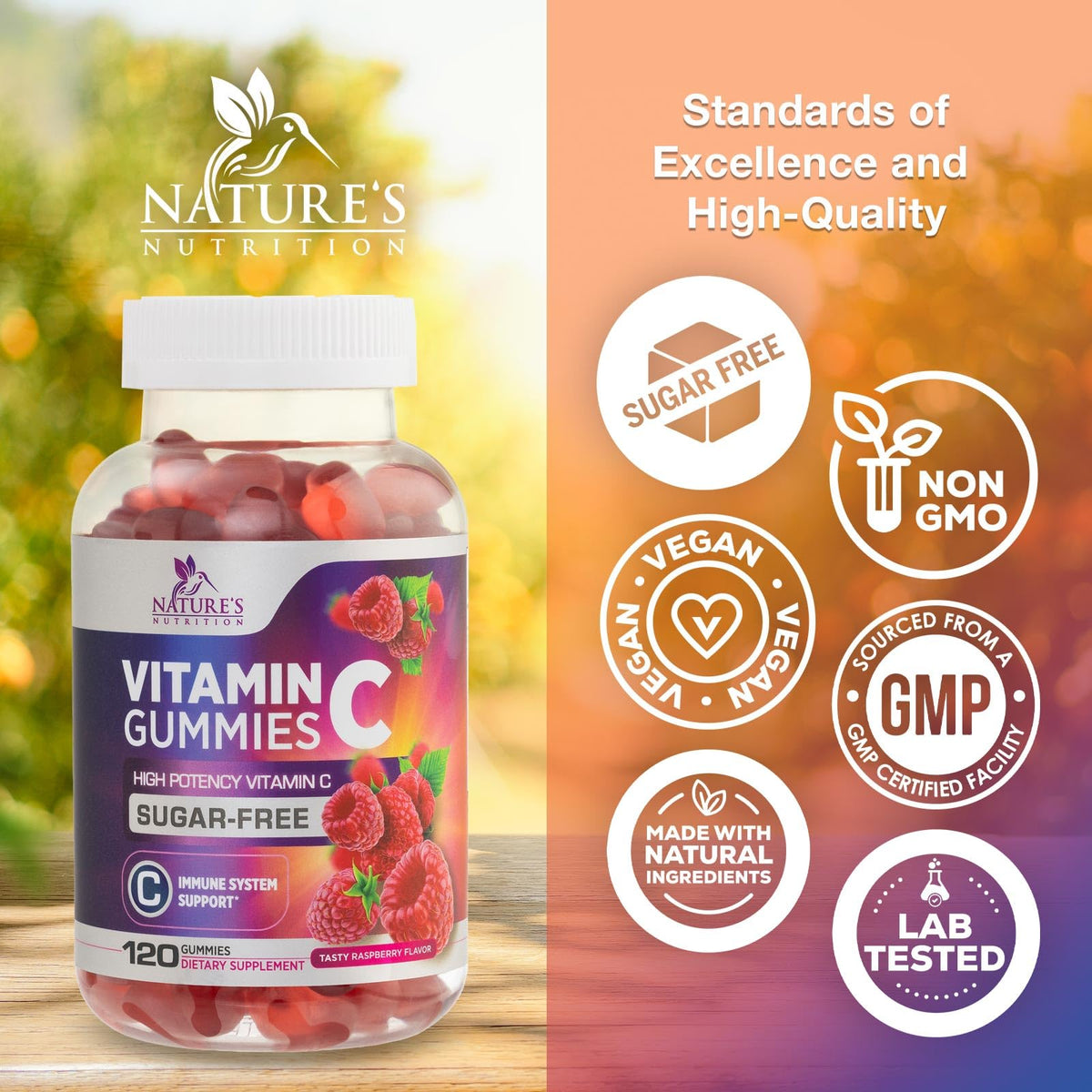 Gummies de Vitamine C Nature's Nutrition, présentation sur une table