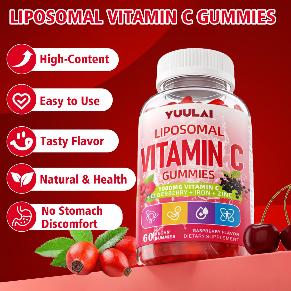 Gummies de vitamine C YUULAI sur une table avec des fruits