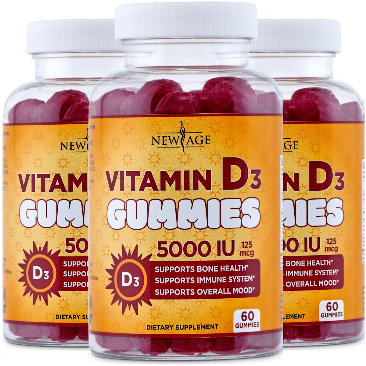 Gummies de Vitamine D3 5000 IU NEW AGE, vue avant du paquet