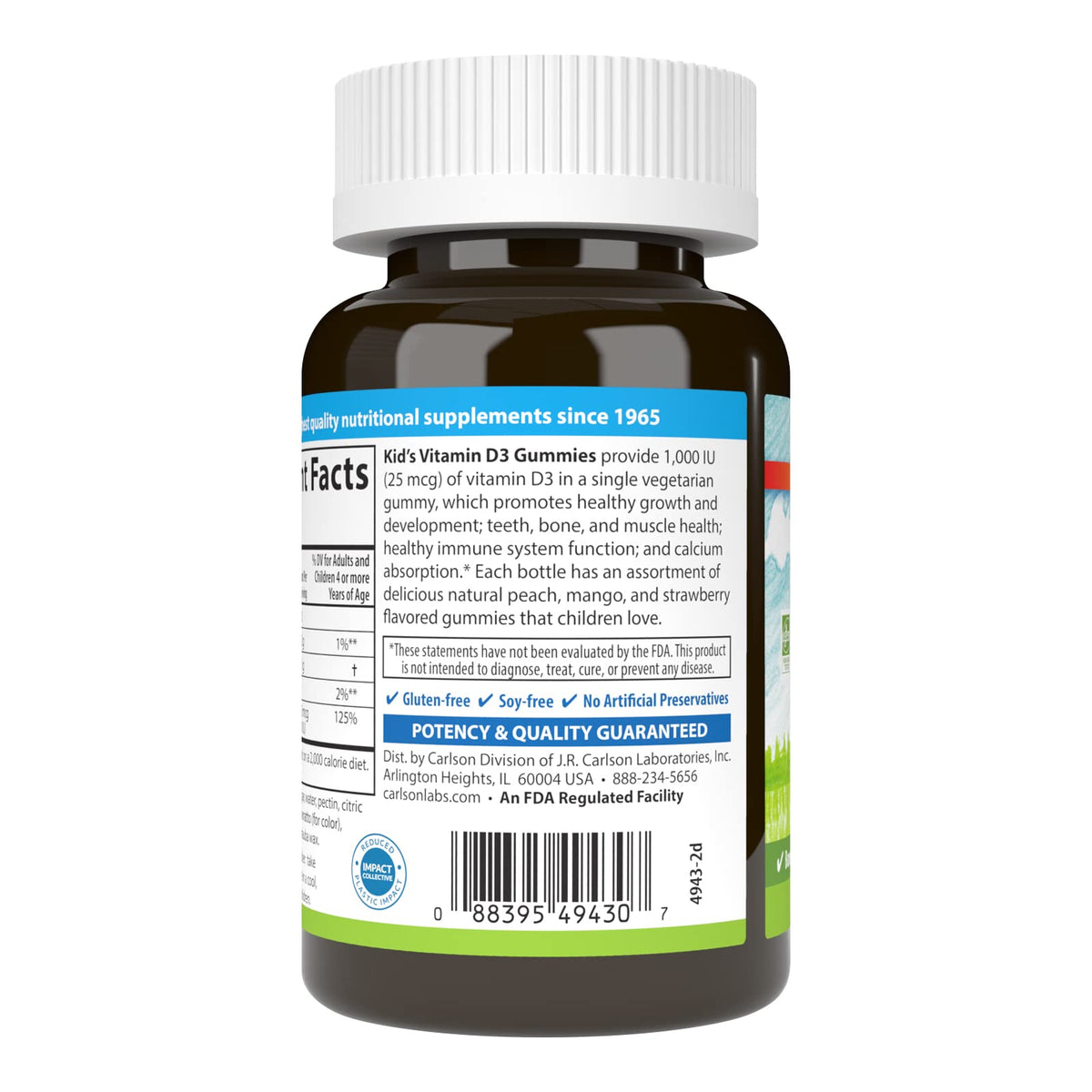 Gummies de vitamine D3 Carlson, présentation sur une table