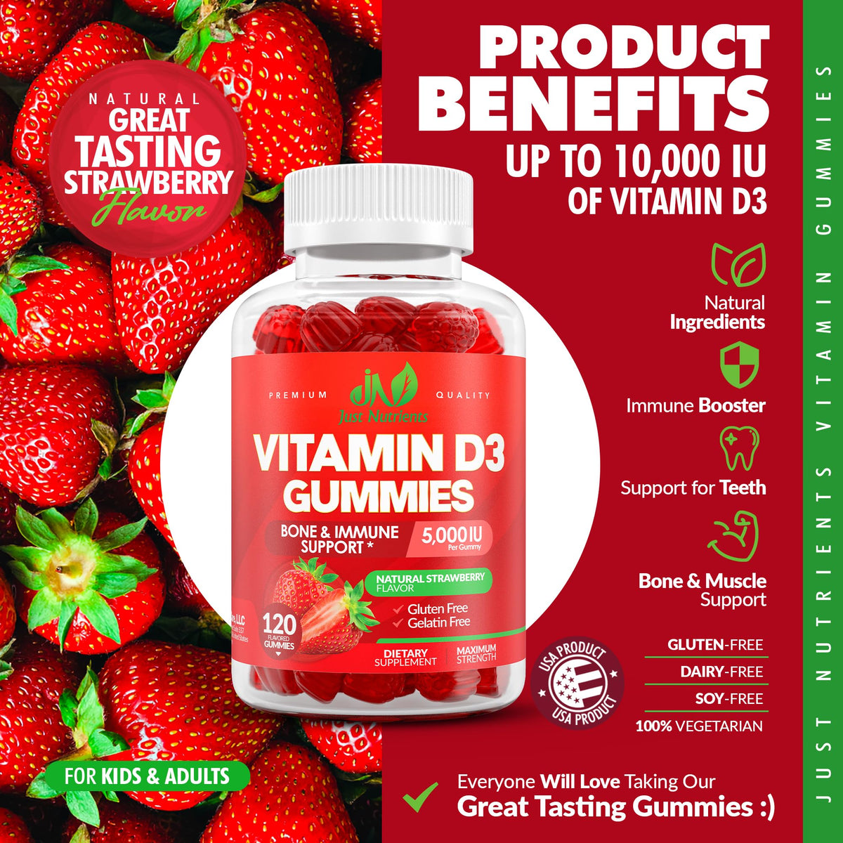 Gummies de Vitamine D3 Just Nutrients montrant la taille et la couleur