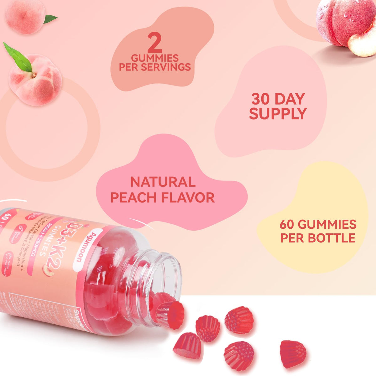 Gummies de vitamine D3 K2 Agumoon avec des fruits en arrière-plan