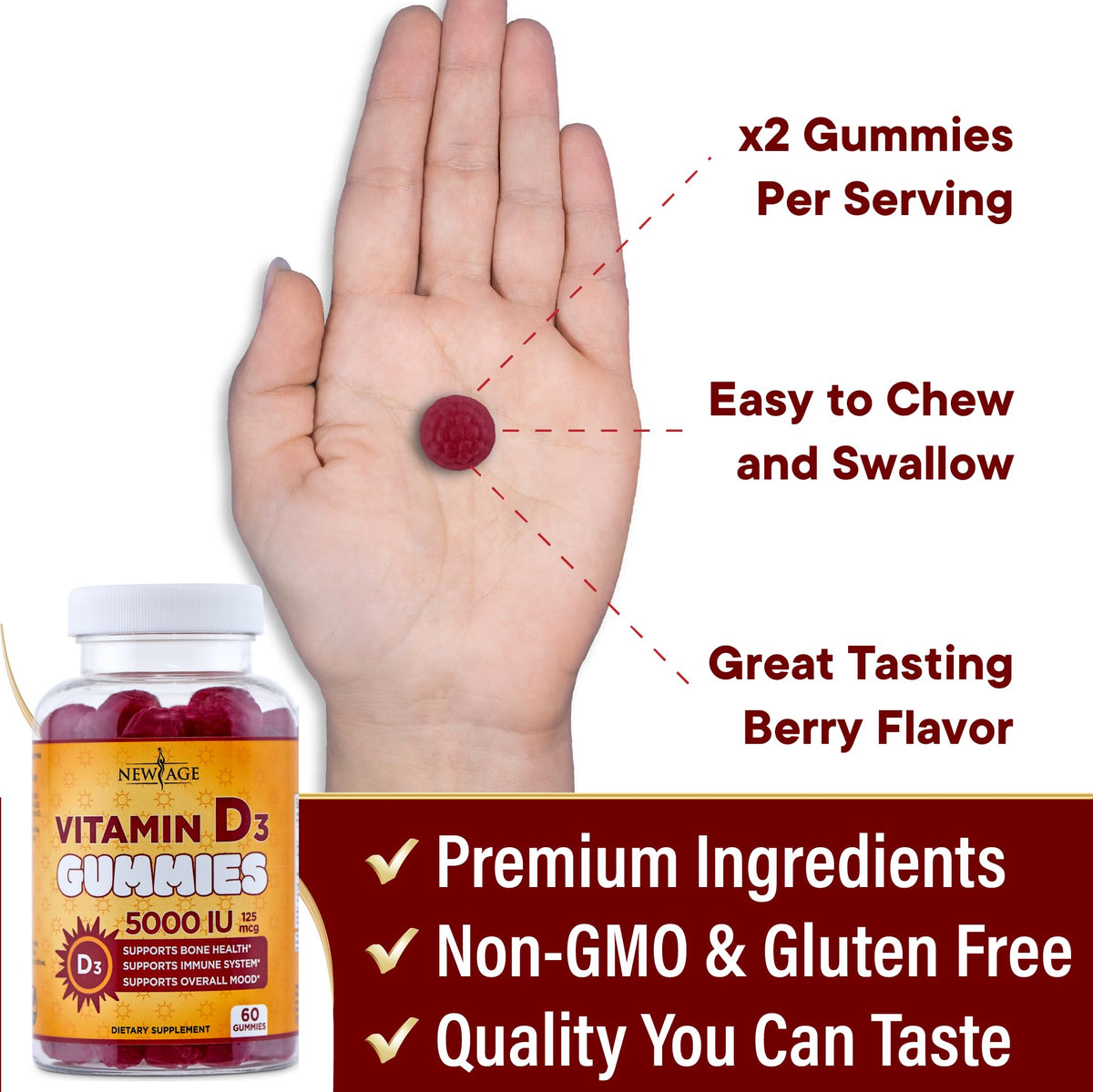 Gummies de Vitamine D3 NEW AGE, dosage de 5000 IU