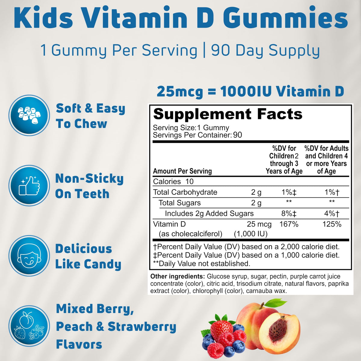 Gummies de vitamine D3 NUELATION, saveur pêche avec une main d'enfant