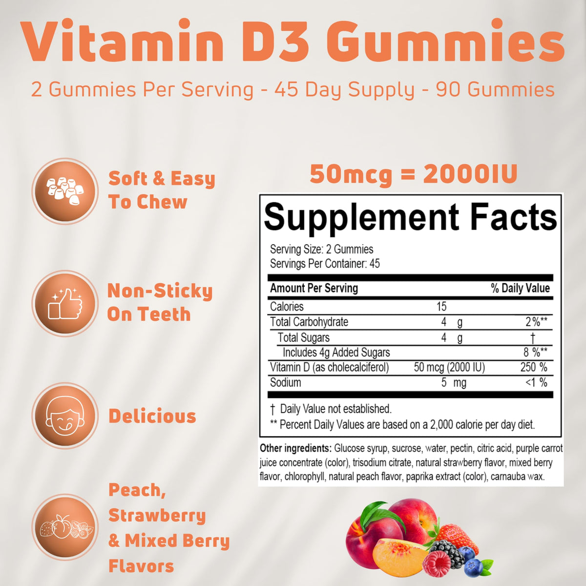 Gummies de vitamine D3 NUELATION saveurs pêche, fraise et fruits rouges