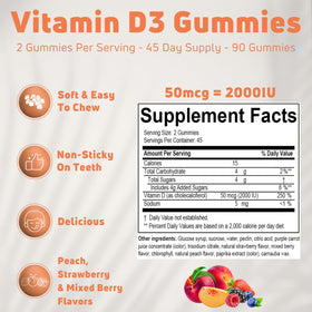 Gummies de vitamine D3 NUELATION saveurs pêche, fraise et fruits rouges