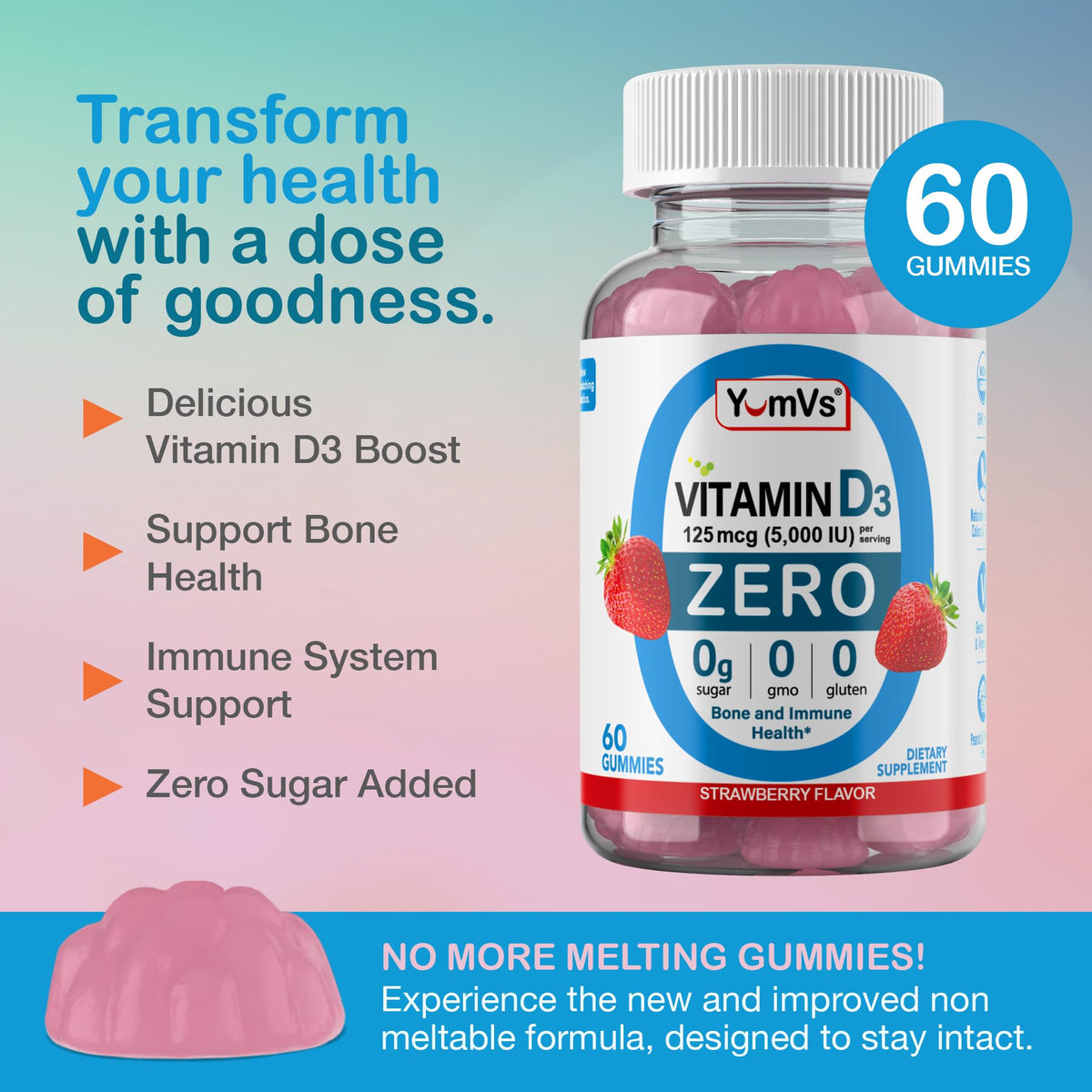Gummies de vitamine D3 YUM-V'S sur une table, saveur framboise