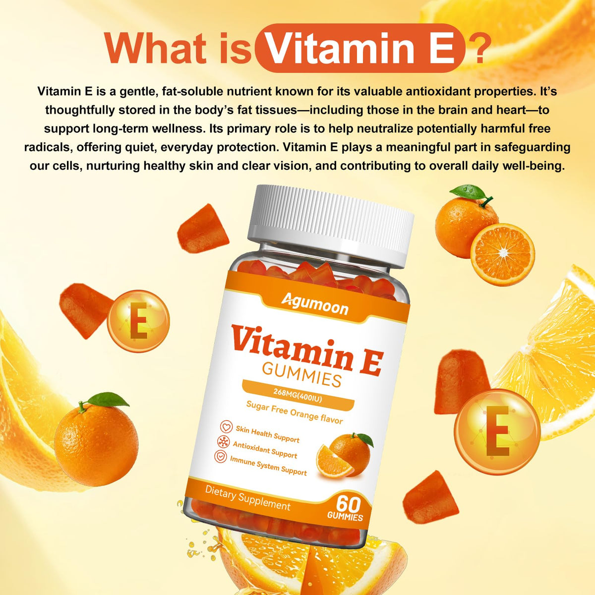 Gummies de vitamine E Agumoon à côté d'un verre d'eau