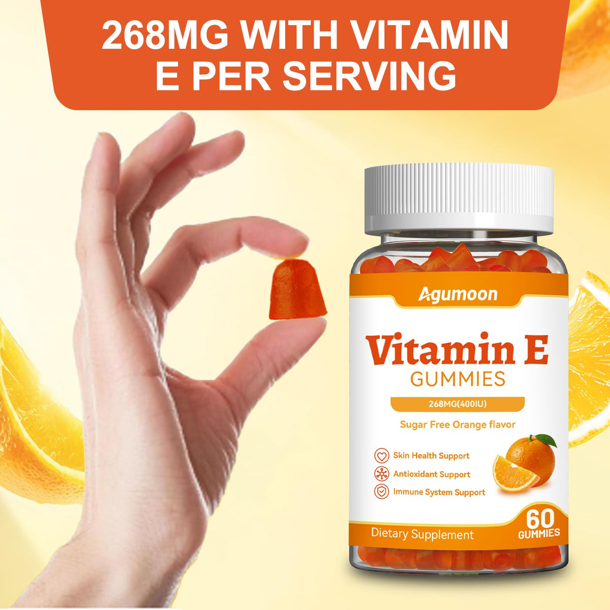 Gummies de vitamine E Agumoon en forme de fruit, saveur orange