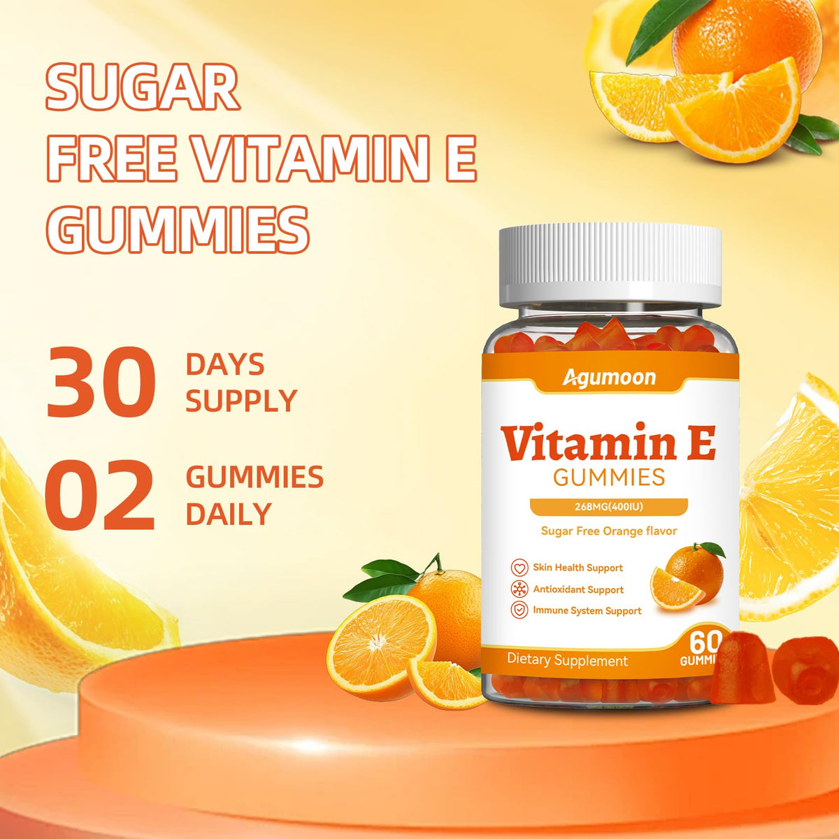Gummies de vitamine E Agumoon, ingrédients naturels en arrière-plan
