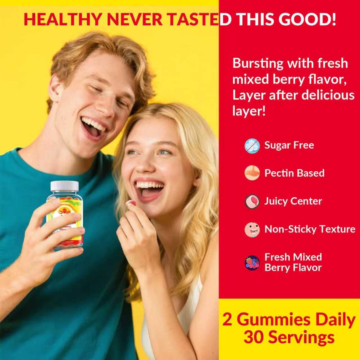 Gummies de vitamines B ESSENJOYY avec une main tenant un gummy