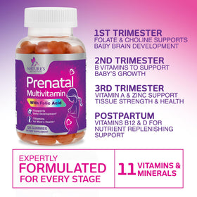 Gummies de vitamines prénatales Nature's Nutrition, ouverte avec gummies visibles
