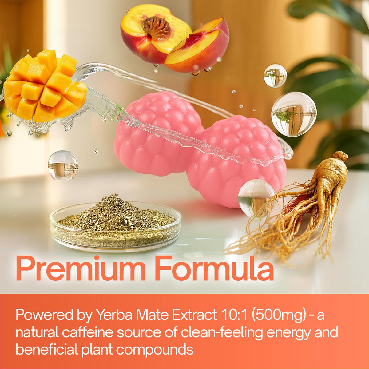 Gummies de Yerba Mate FitVitality avec un fond de fruits frais