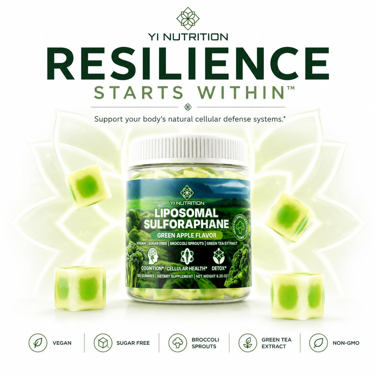 Gummies de Yi Nutrition avec des germes de brocoli en arrière-plan
