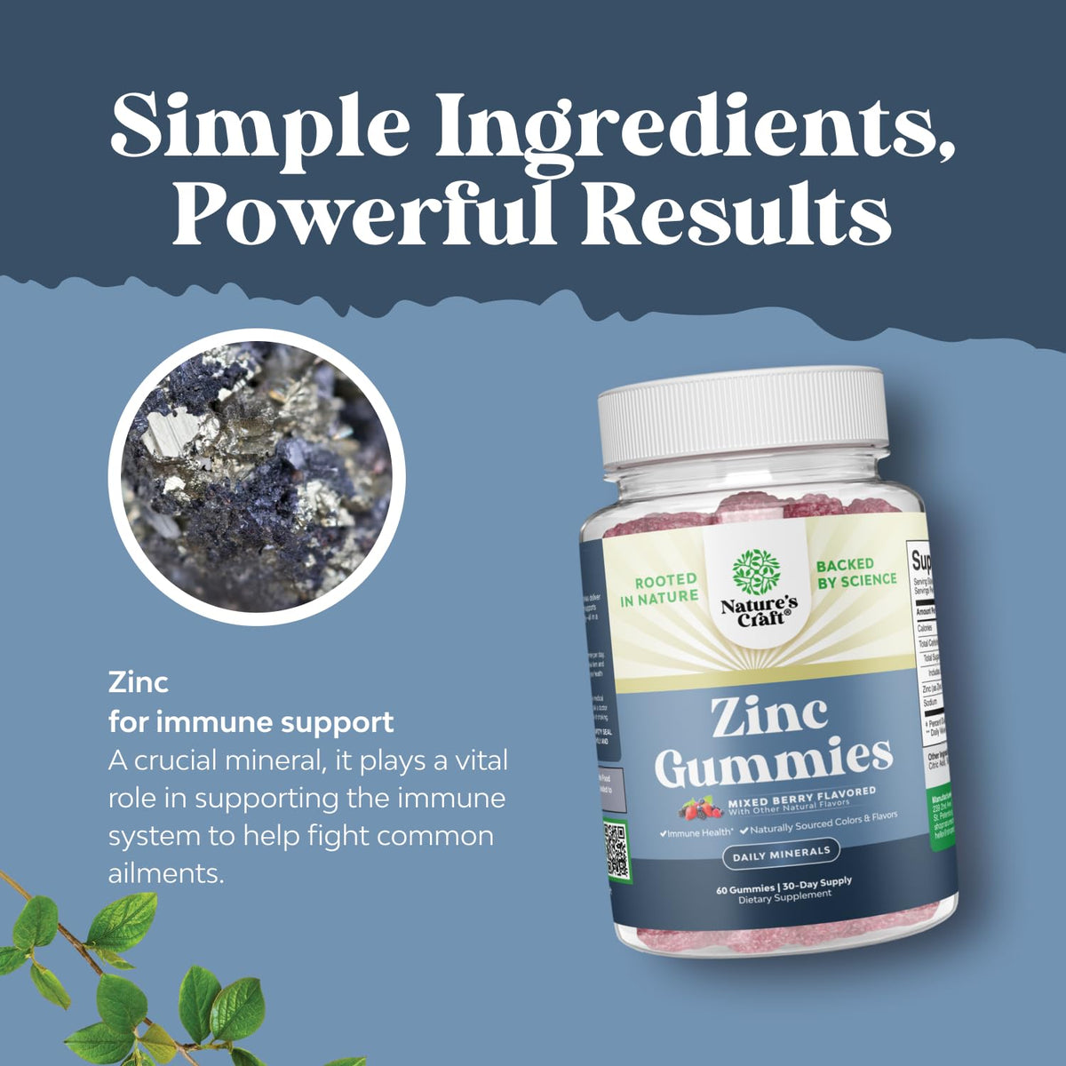 Gummies de Zinc Natures Craft 50mg, à côté d'un verre d'eau
