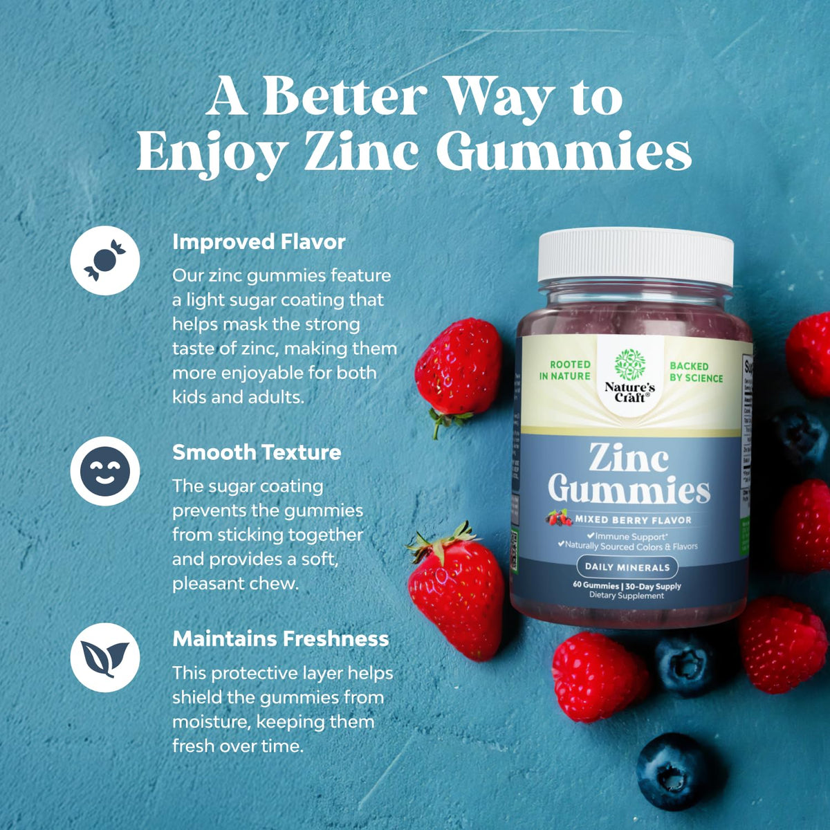 Gummies de Zinc Natures Craft 50mg, vue de dos, informations nutritionnelles