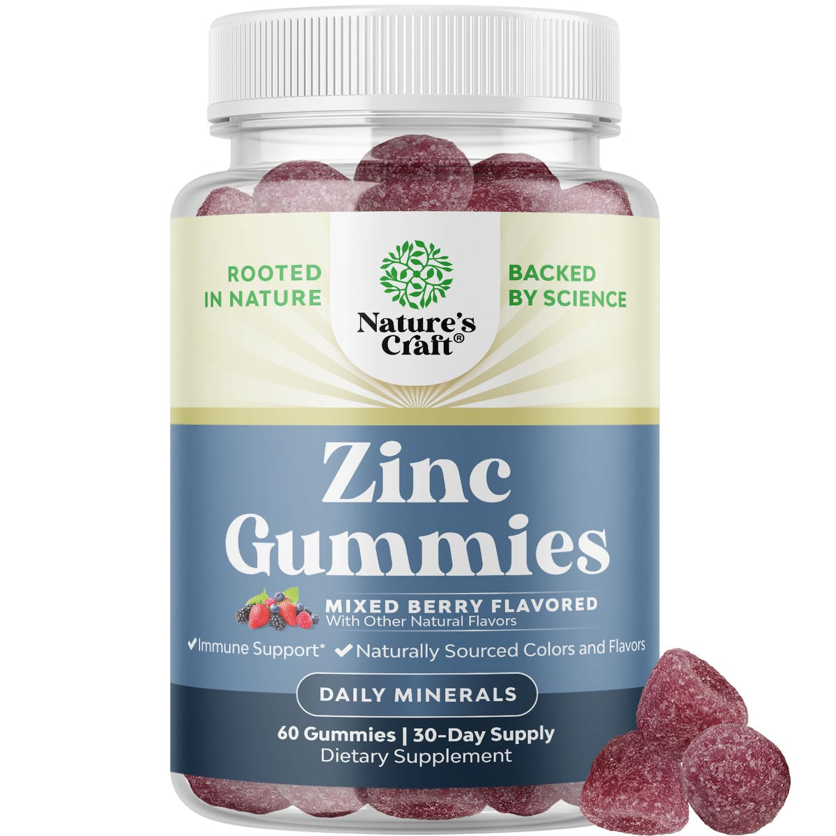 Gummies de Zinc Natures Craft 50mg, vue de face, packaging fruits rouges