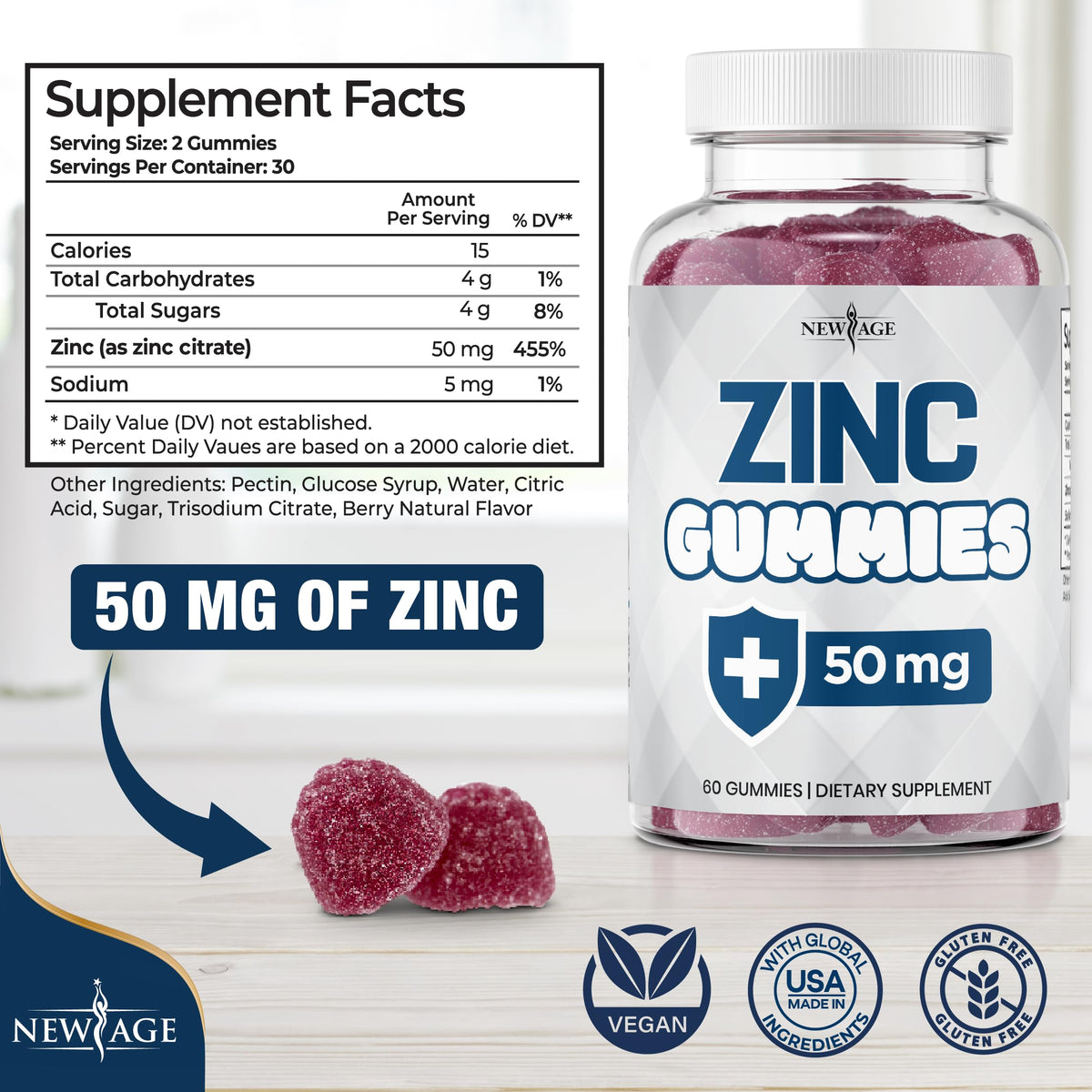 Gummies de zinc NEW AGE 50mg, vue de côté