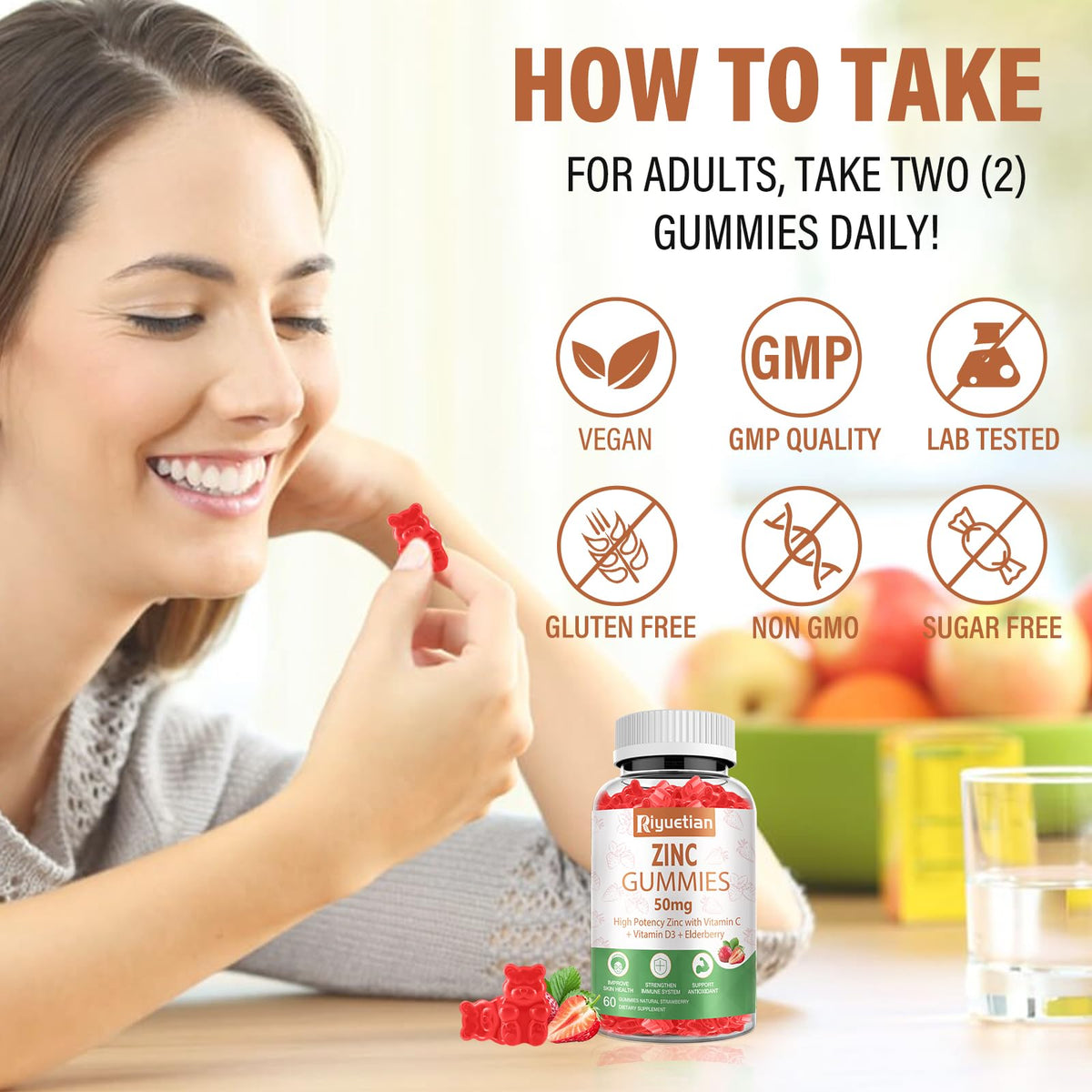 Gummies de Zinc Riyuetian 50mg, ingrédients naturels en arrière-plan