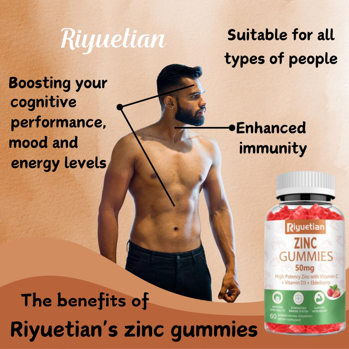 Gummies de Zinc Riyuetian 50mg, présentation des gummies à côté de l'emballage