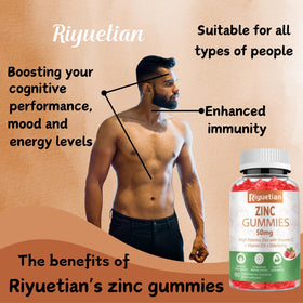 Gummies de Zinc Riyuetian 50mg, présentation des gummies à côté de l'emballage