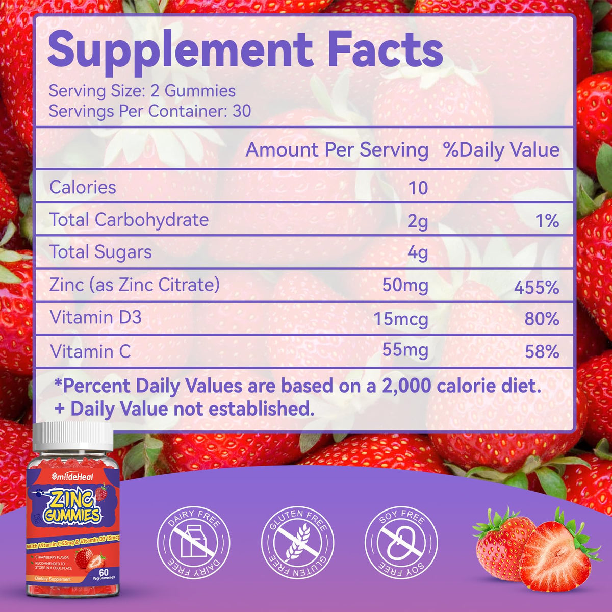 Gummies de Zinc SmildeHeal en forme de fraise, vue de près