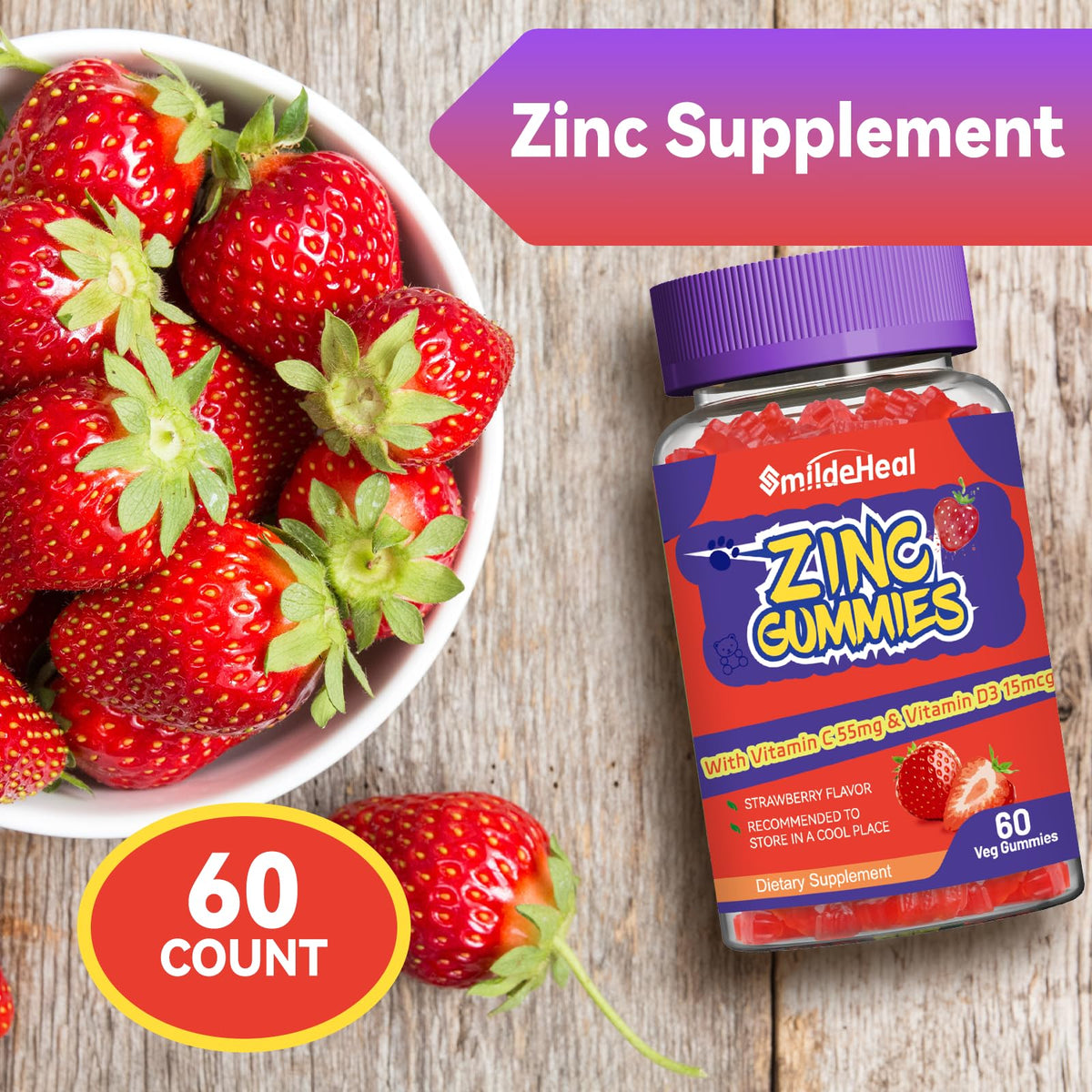 Gummies de Zinc SmildeHeal montrant la texture et la couleur