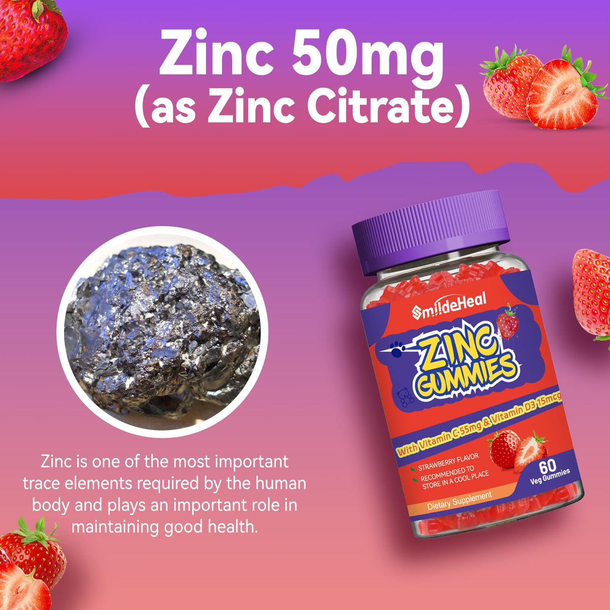 Gummies de Zinc SmildeHeal sur une table avec des fruits