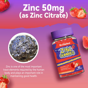 Gummies de Zinc SmildeHeal sur une table avec des fruits