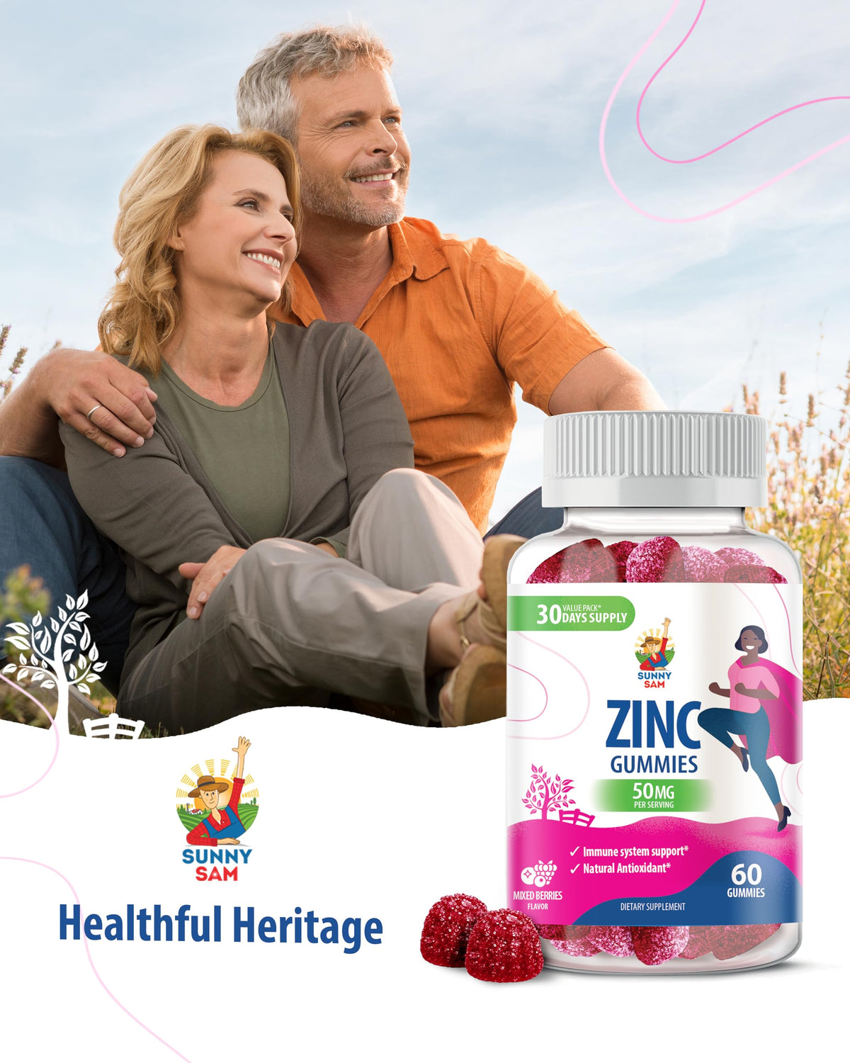 Gummies de Zinc SUNNY SAM, mise en scène avec des fruits