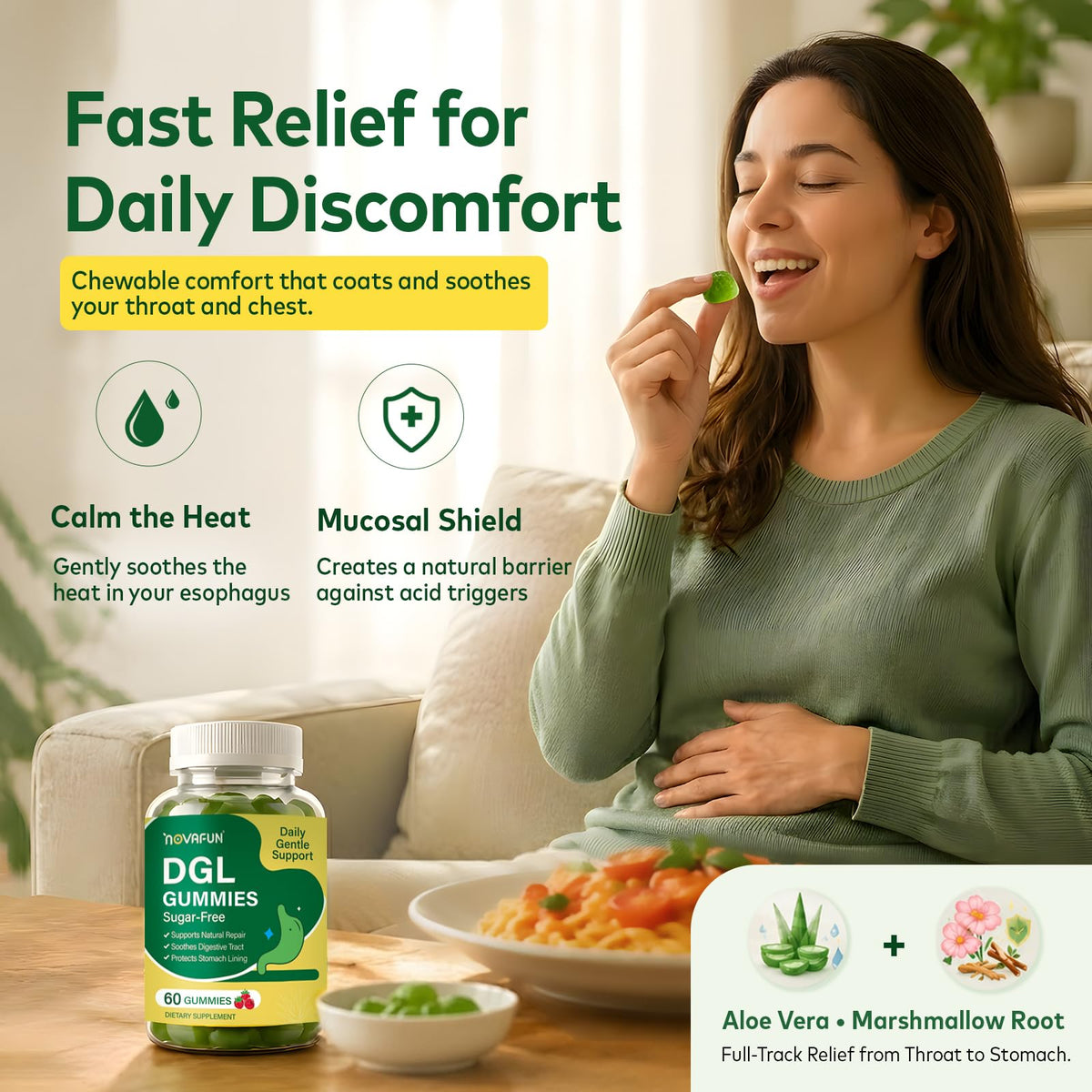Gummies DGL Novafun sur une table avec des ingrédients naturels