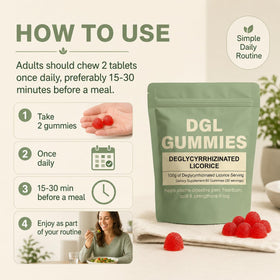 Gummies DGL WDVNEX à côté d'une boisson sur une table