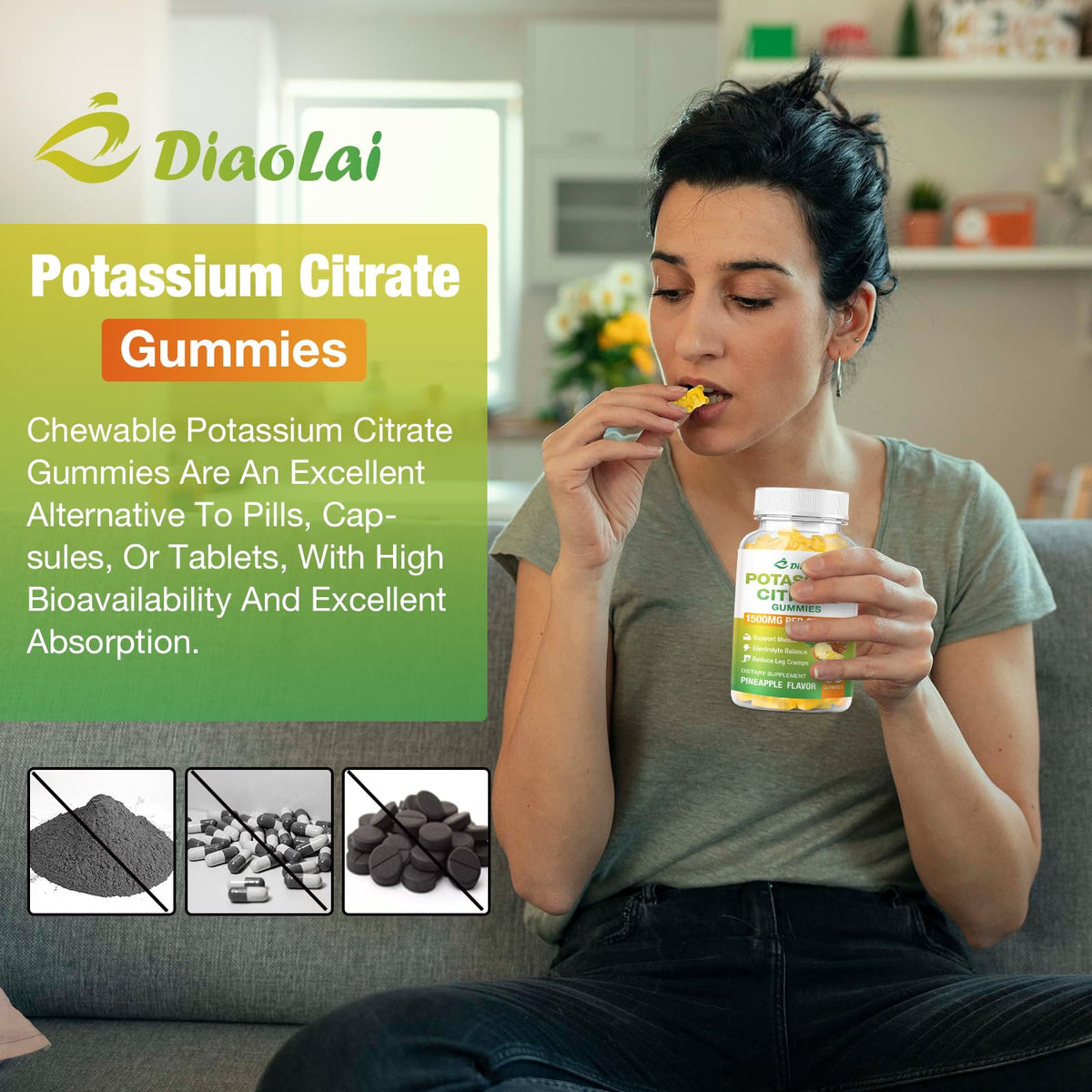 Gummies DIAOLAI Citrate de Potassium avec fruits en arrière-plan