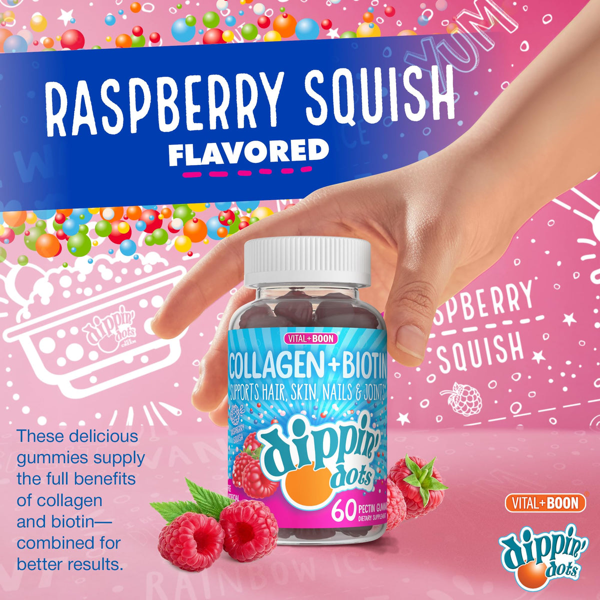 Gummies Dippin' Dots sur une table avec des fruits