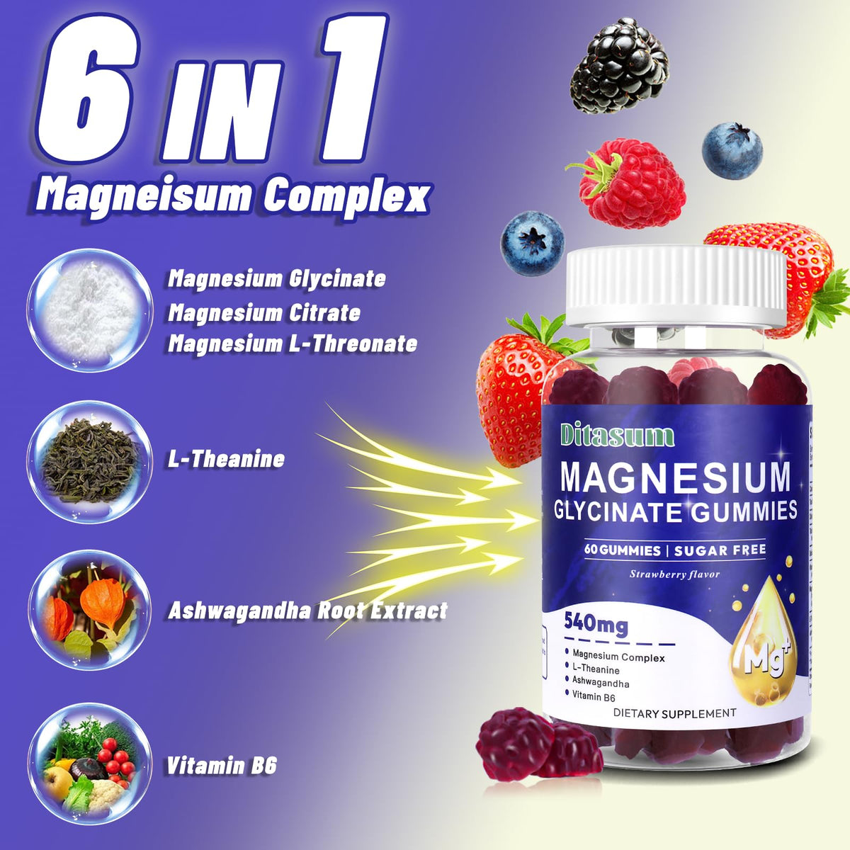 Gummies Ditasum sur une surface blanche, présentation de la bouteille