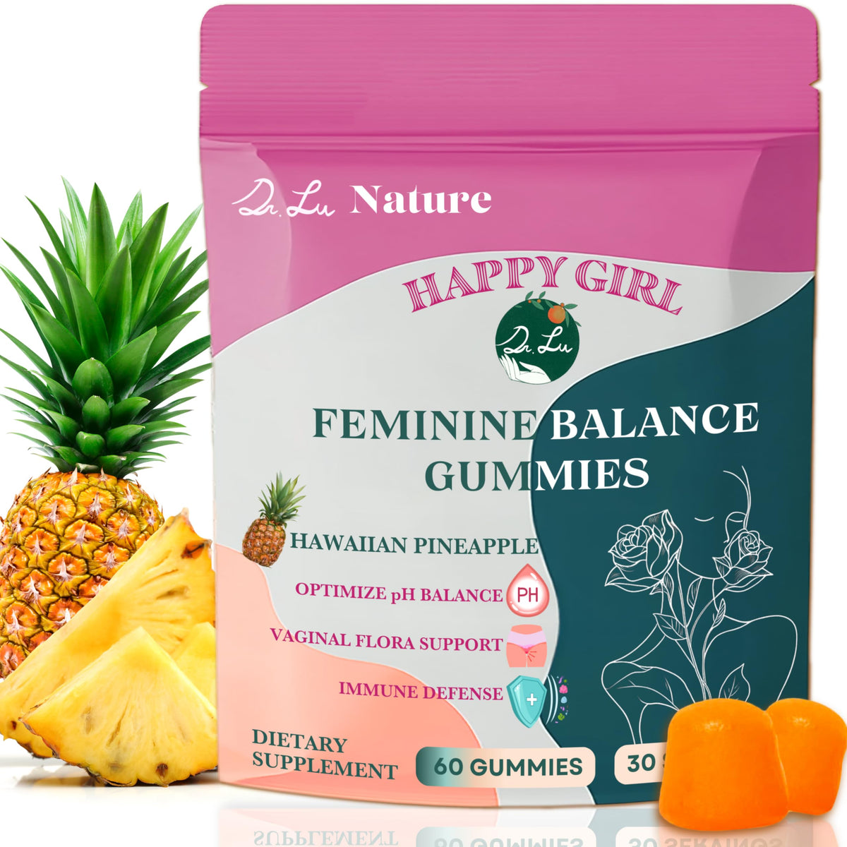Gummies Dr. Lu Équilibre Féminin Ananas 60 unités, packaging avant