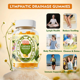 Gummies drainage lymphatique Well&Whole sur une table, avec un verre d'eau