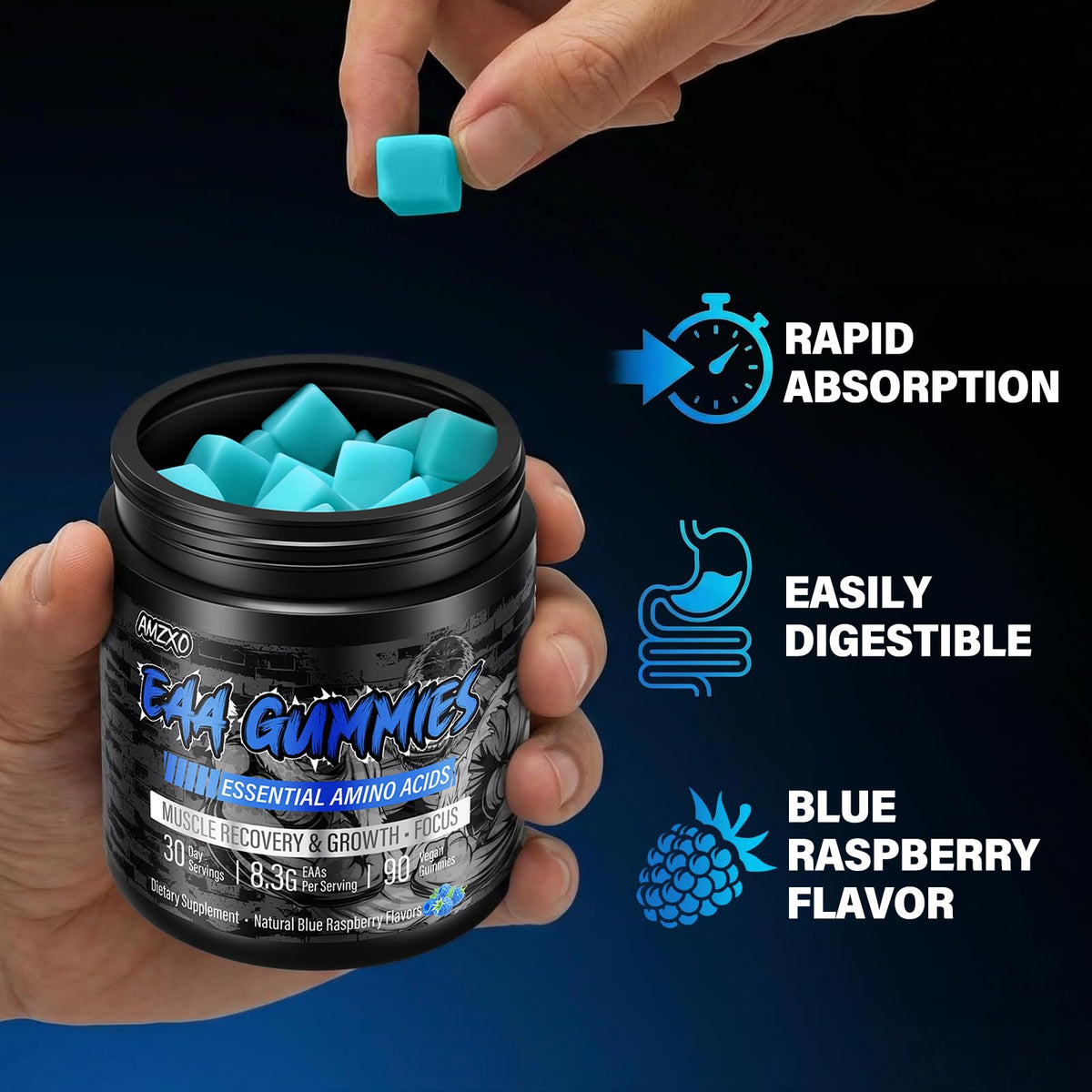 Gummies EAA AMZXO avec des équipements de fitness en arrière-plan